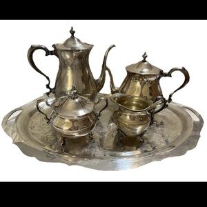 Vintage Poole Silver Co EPC Silverplate Tea Coffee Set Tray 5 Pc Victorian Style